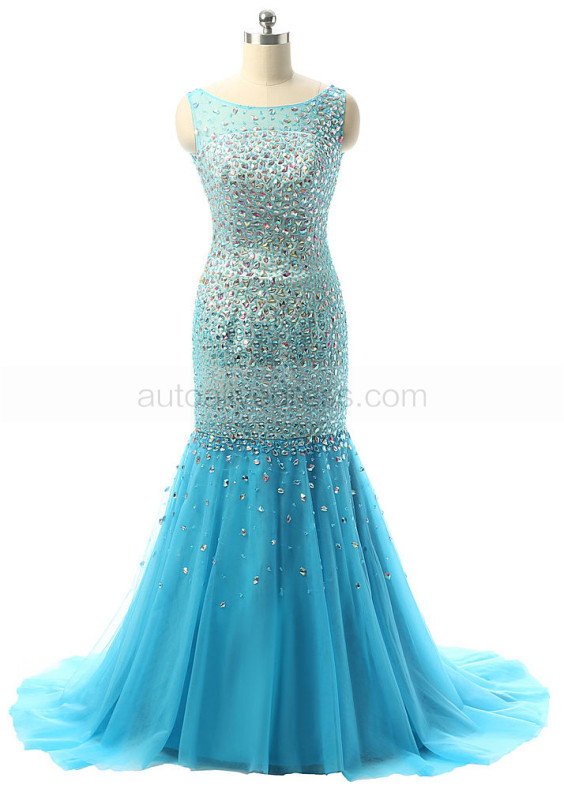 Blue Tulle Beads Backless Mermaid Long Prom Dress
